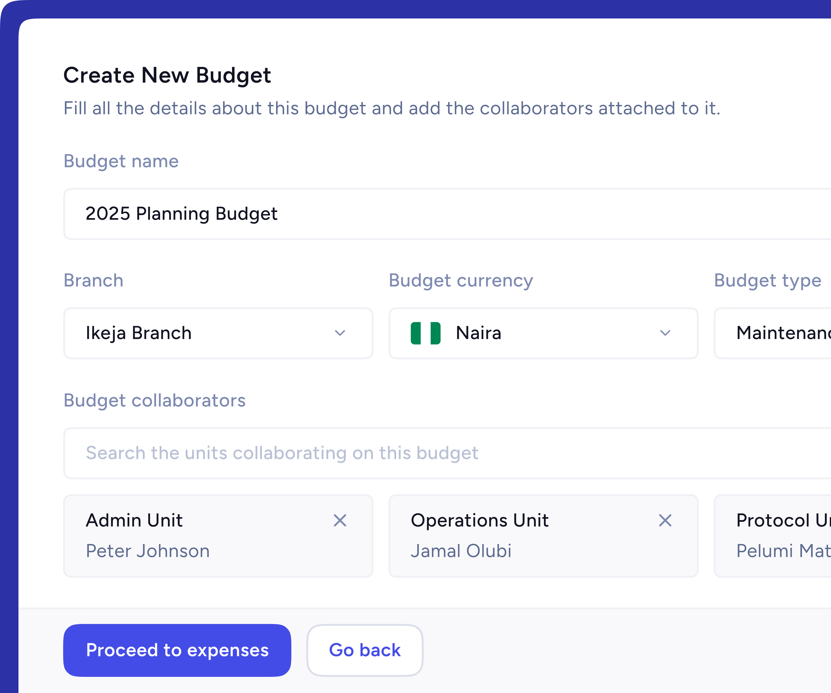 Bud budgeting application interface